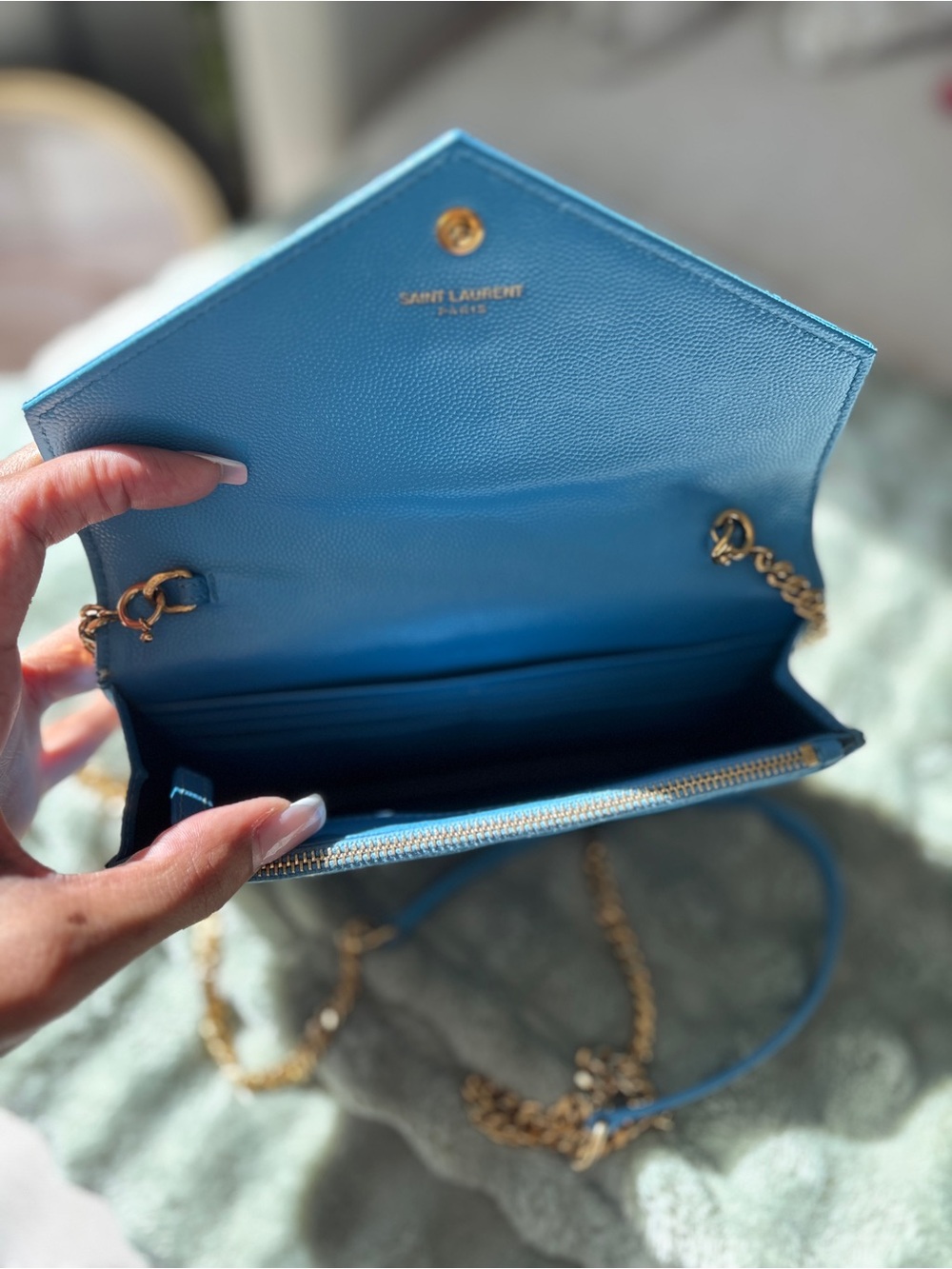Saint Laurent Blue Quilted Leather Chain Wallet - Picture 3 of 6